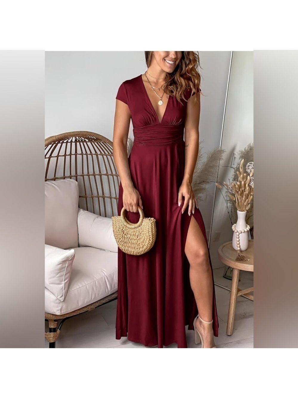 ANRABESS Smocked Soft Knit DEEP V NECK SHORT SLEEVE SLIT MAXI EVENING DRESS L